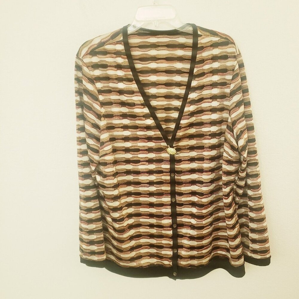 Vintage Sheer Striped Brown/Cream/Tan Cardigan w/Rhinestone Turtle Pin Size 2X E